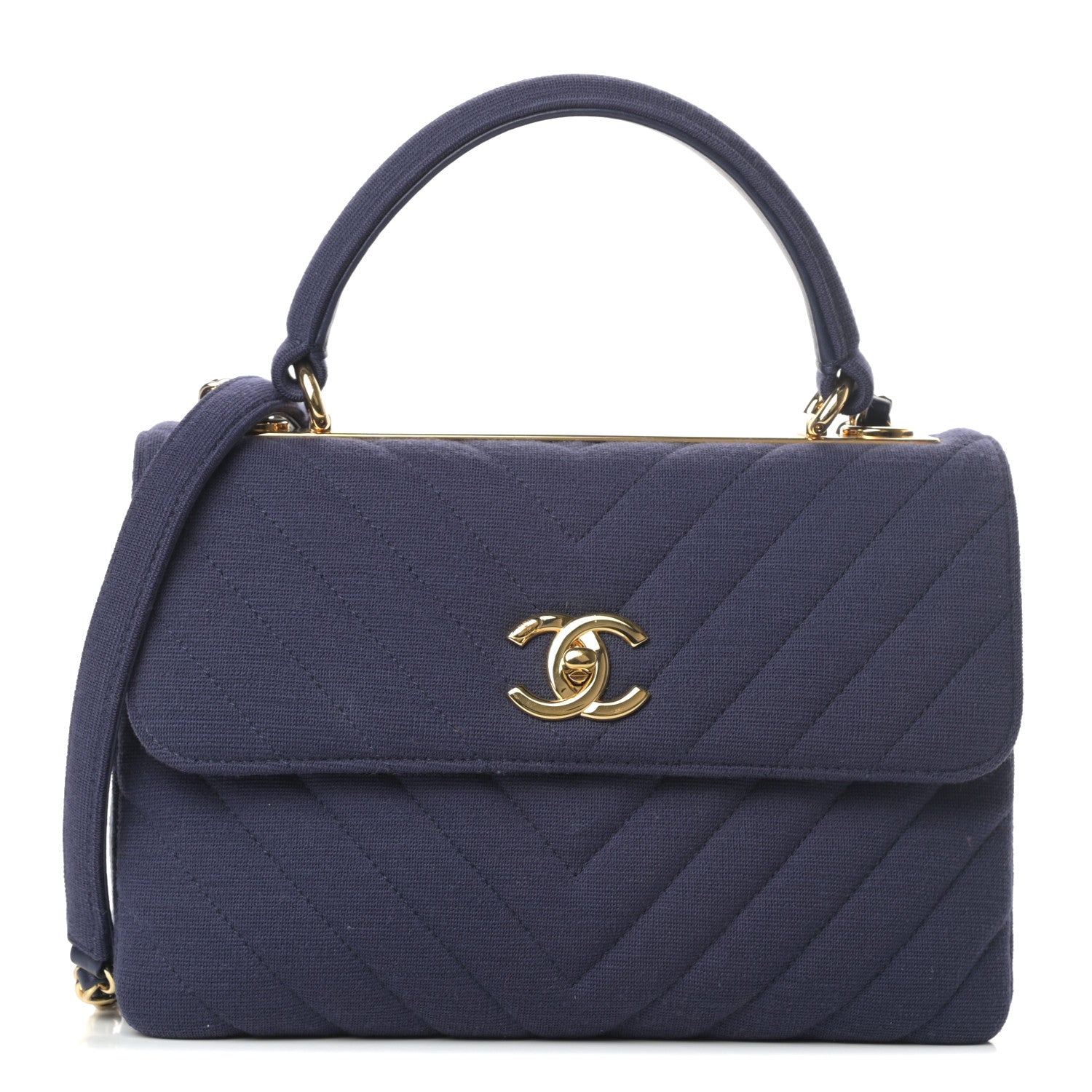 Chanel Jersey Chevron Quilted Small Trendy CC Dual Handle Flap Bag Navy Blue 1 of 10