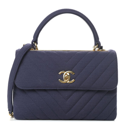 Chanel Jersey Chevron Quilted Small Trendy CC Dual Handle Flap Bag Navy Blue 1 of 10