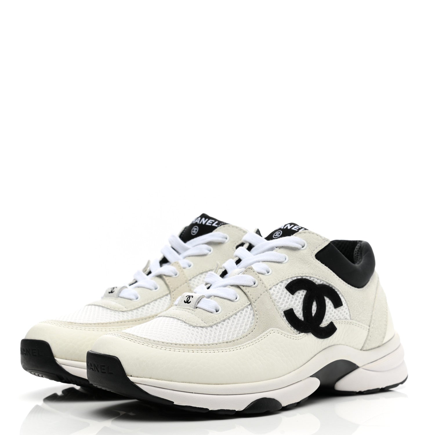 Chanel Mesh Suede Calfskin Grained Calfskin Womens CC Sneakers 38 White Black 3 of 9