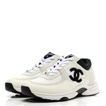 Chanel Mesh Suede Calfskin Grained Calfskin Womens CC Sneakers 38 White Black 3 of 9