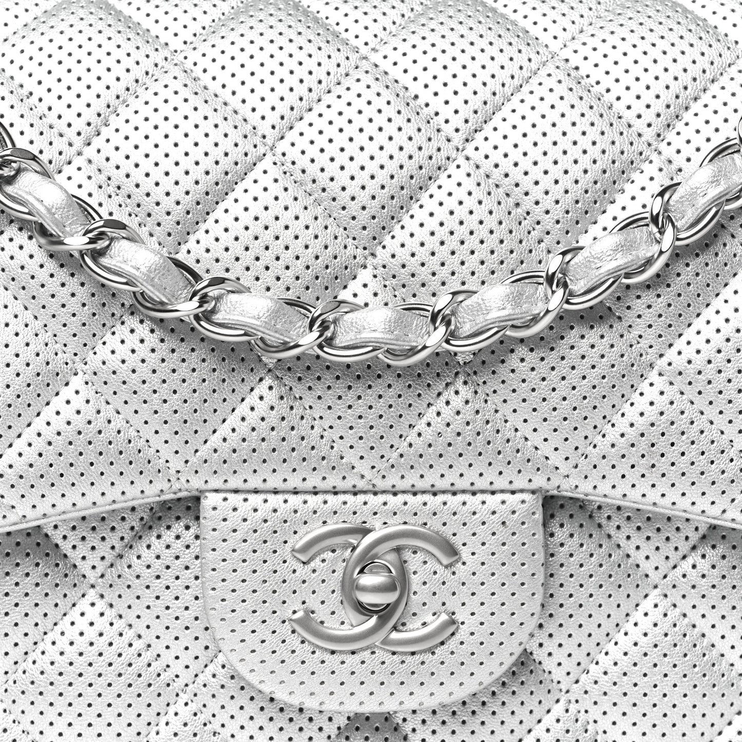 Metallic Perforated Lambskin Quilted Jumbo Double Flap Light Silver