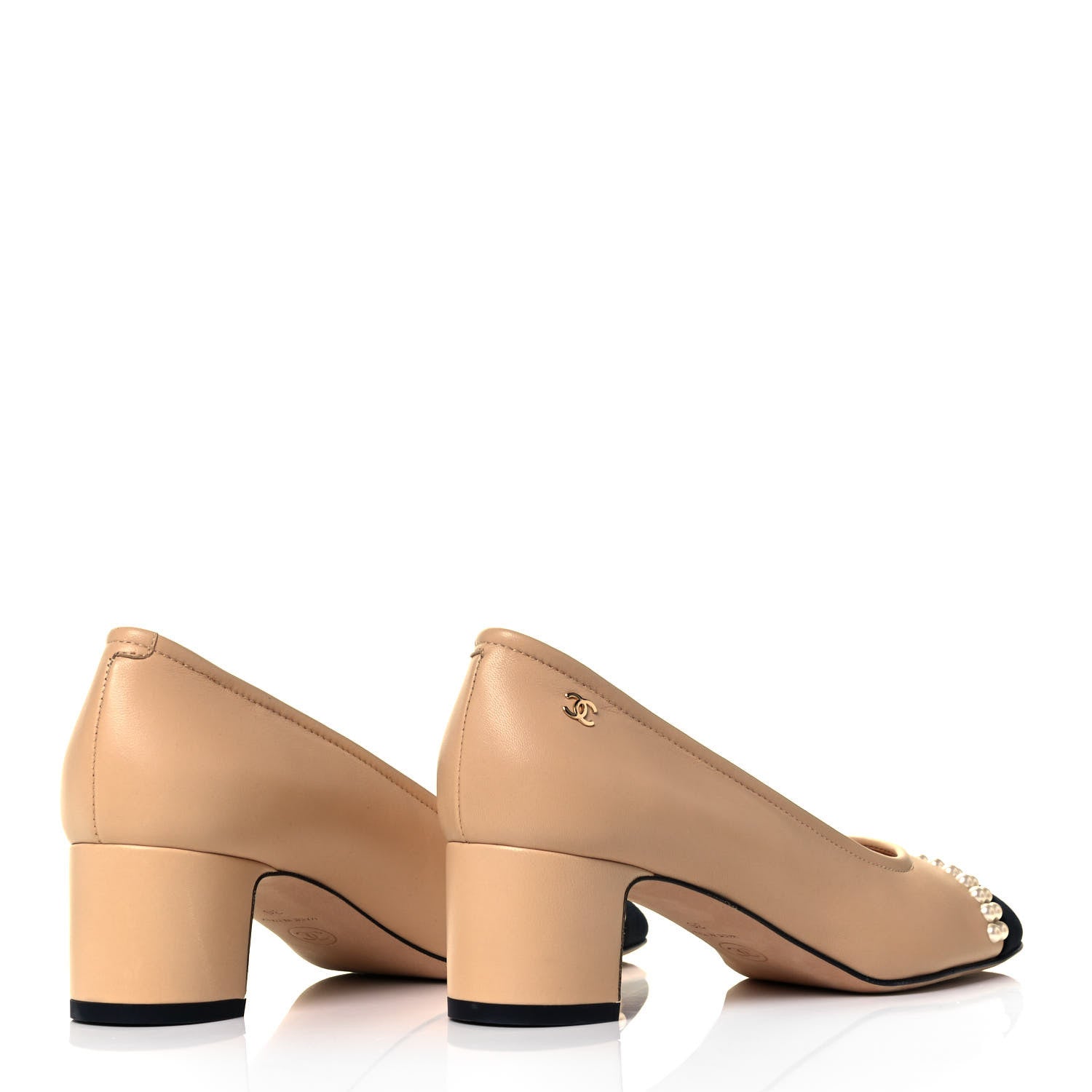 Chanel Lambskin Grosgrain Pearl Cap Toe CC Pumps 36 Beige Black 4 of 9