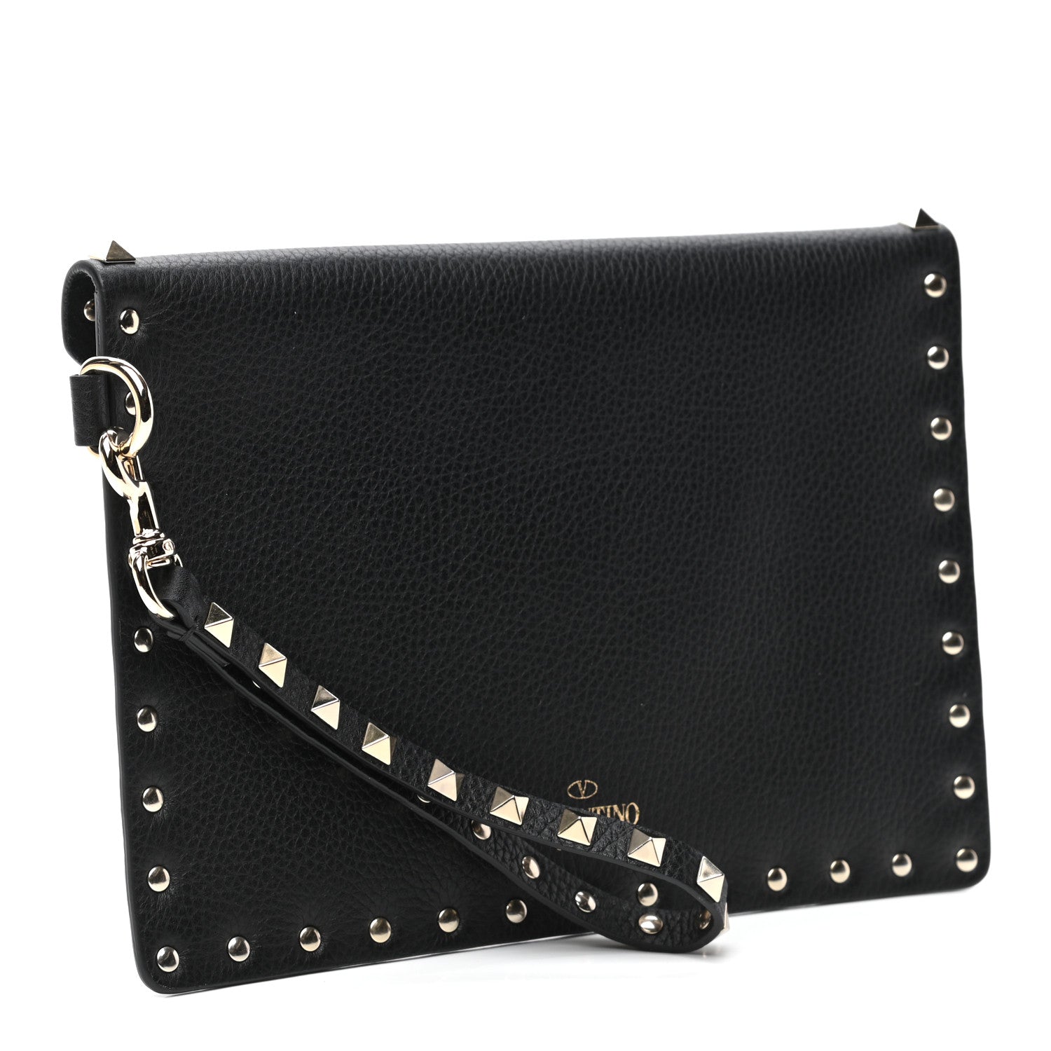 Valentino Garavani Pebbled Calfskin Medium Rockstud Envelope Flat Wristlet Pouch Black 3 of 7
