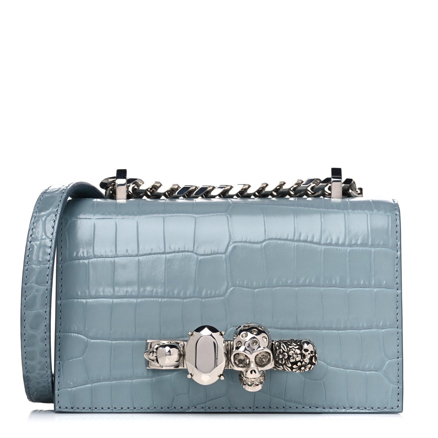 Alexander McQueen Shiny Crocodile Embossed Jeweled Satchel Blue Grey 1 of 17