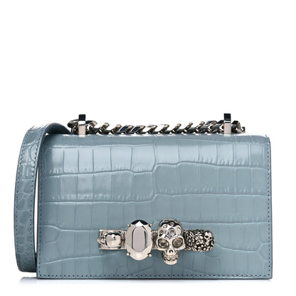 Alexander McQueen Shiny Crocodile Embossed Jeweled Satchel Blue Grey 1 of 17
