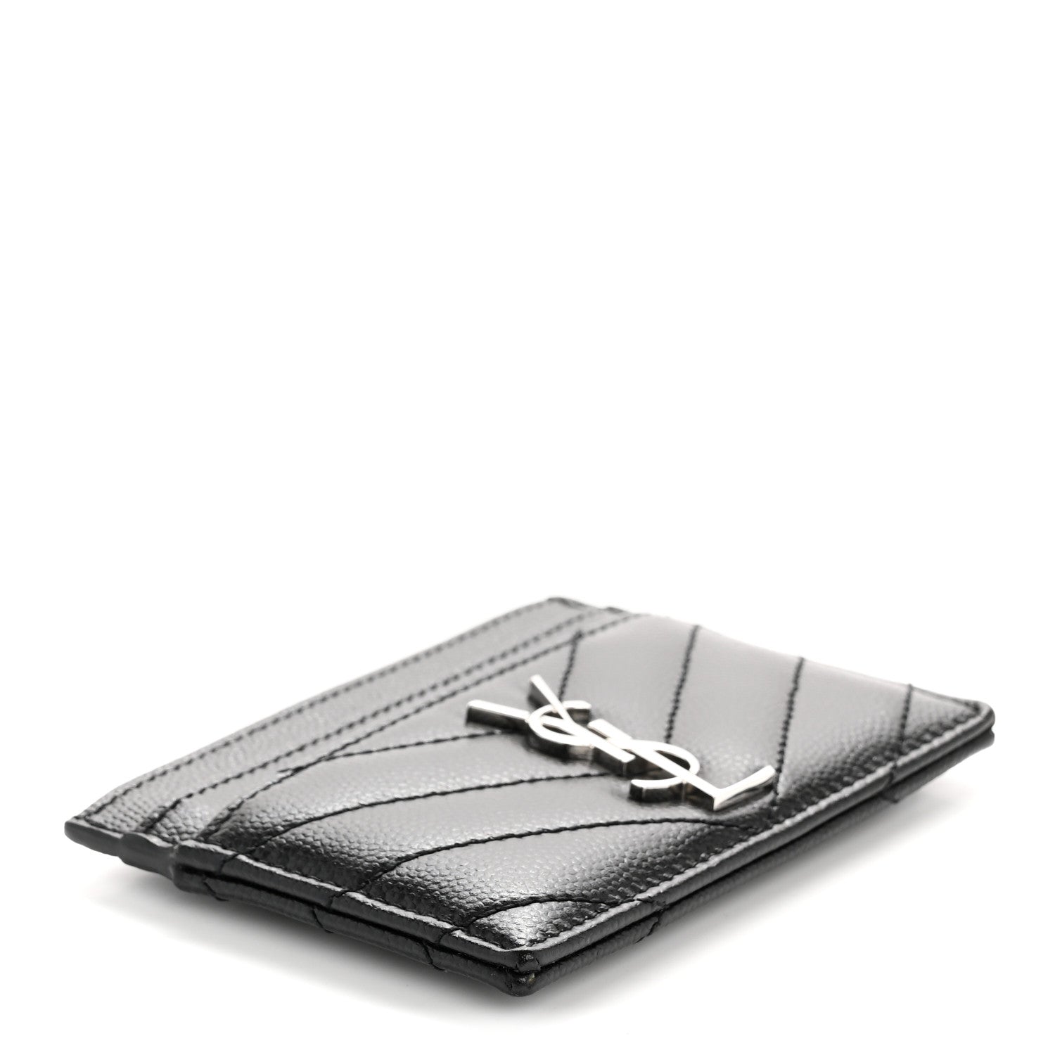Saint Laurent Grain De Poudre Matelasse Chevron Monogram Credit Card Case Black 4 of 8