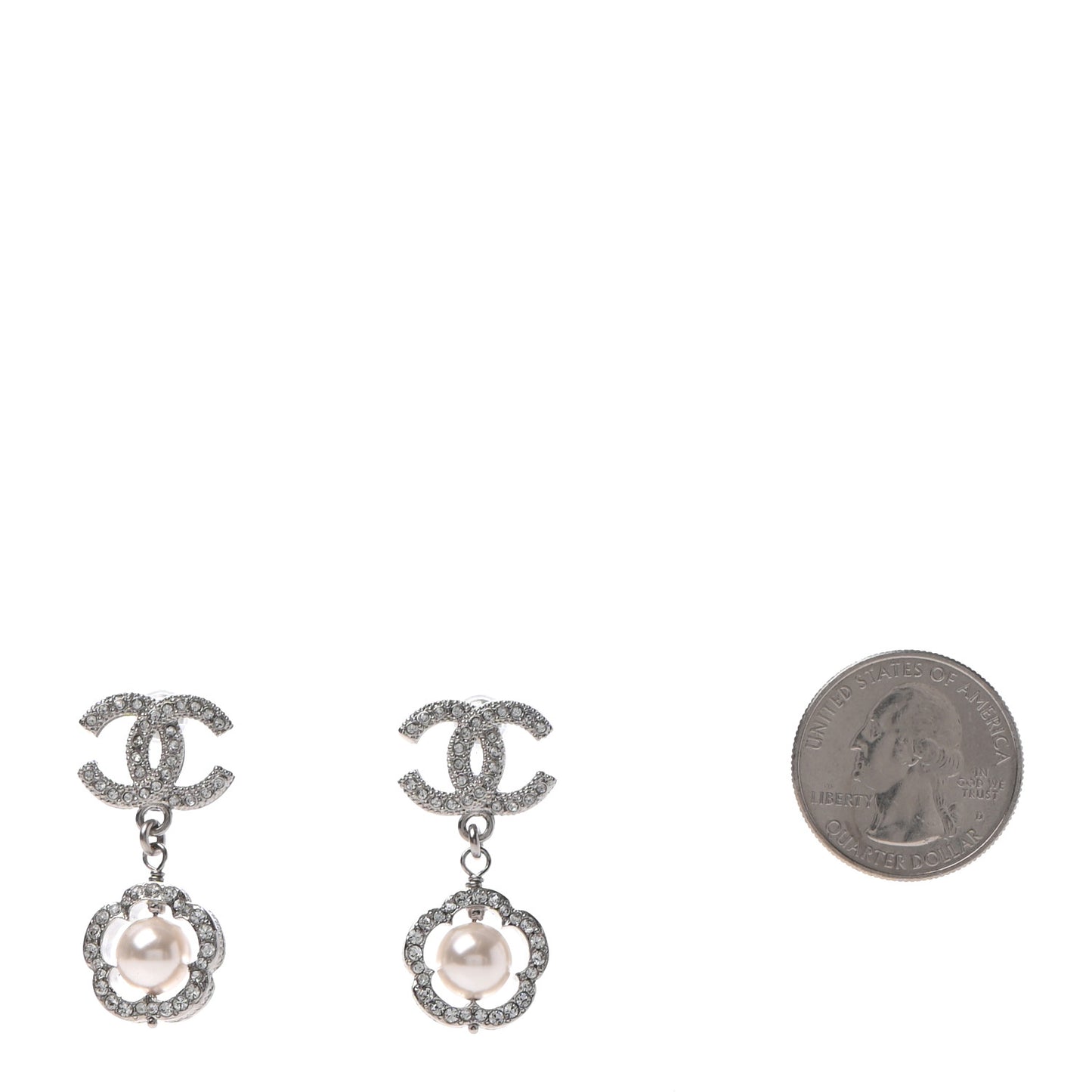 Crystal Pearl Camellia CC Coco Flapper Drop Earrings Silver