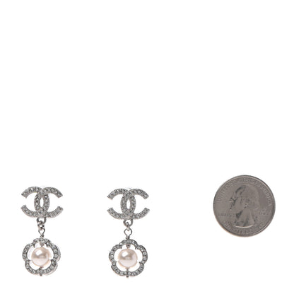 Chanel Crystal Pearl Camellia CC Coco Flapper Drop Earrings Silver 2 of 4