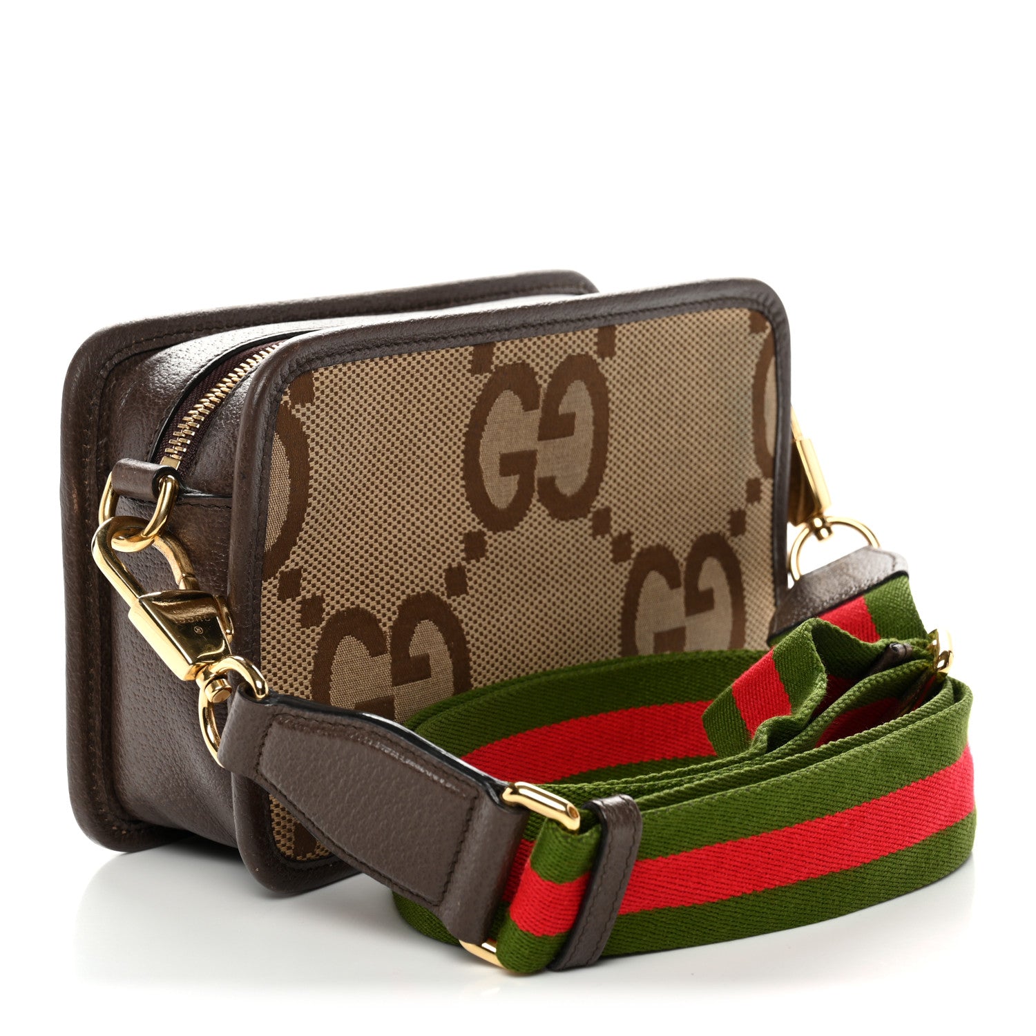 Gucci Monogram Jumbo GG Textured Dollar Calfskin Web Mini Crossbody Bag Camel Ebony New Acero 3 of 10