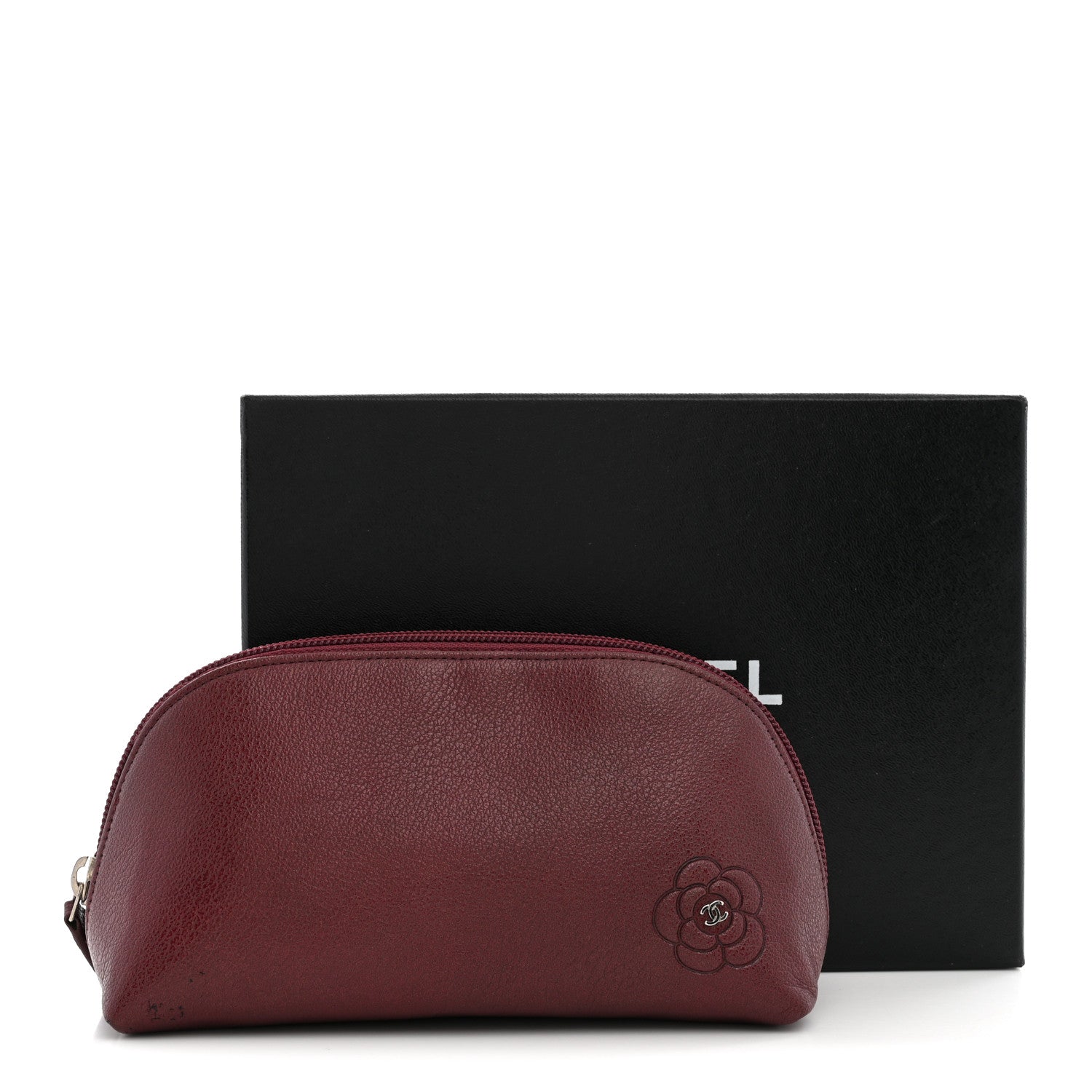 Chanel Goatskin Camellia Embossed Cosmetic Case Dark Red 9 of 9