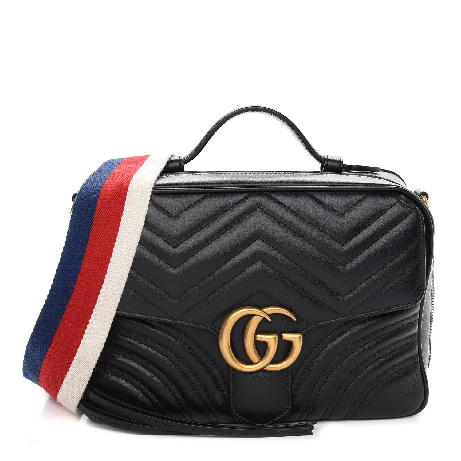 Gucci Calfskin Matelasse Sylvie Web Small GG Marmont Top Handle Shoulder Bag Black 1 of 9