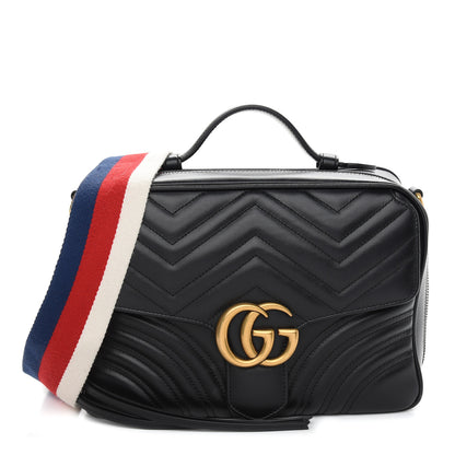 Gucci Calfskin Matelasse Sylvie Web Small GG Marmont Top Handle Shoulder Bag Black 1 of 9