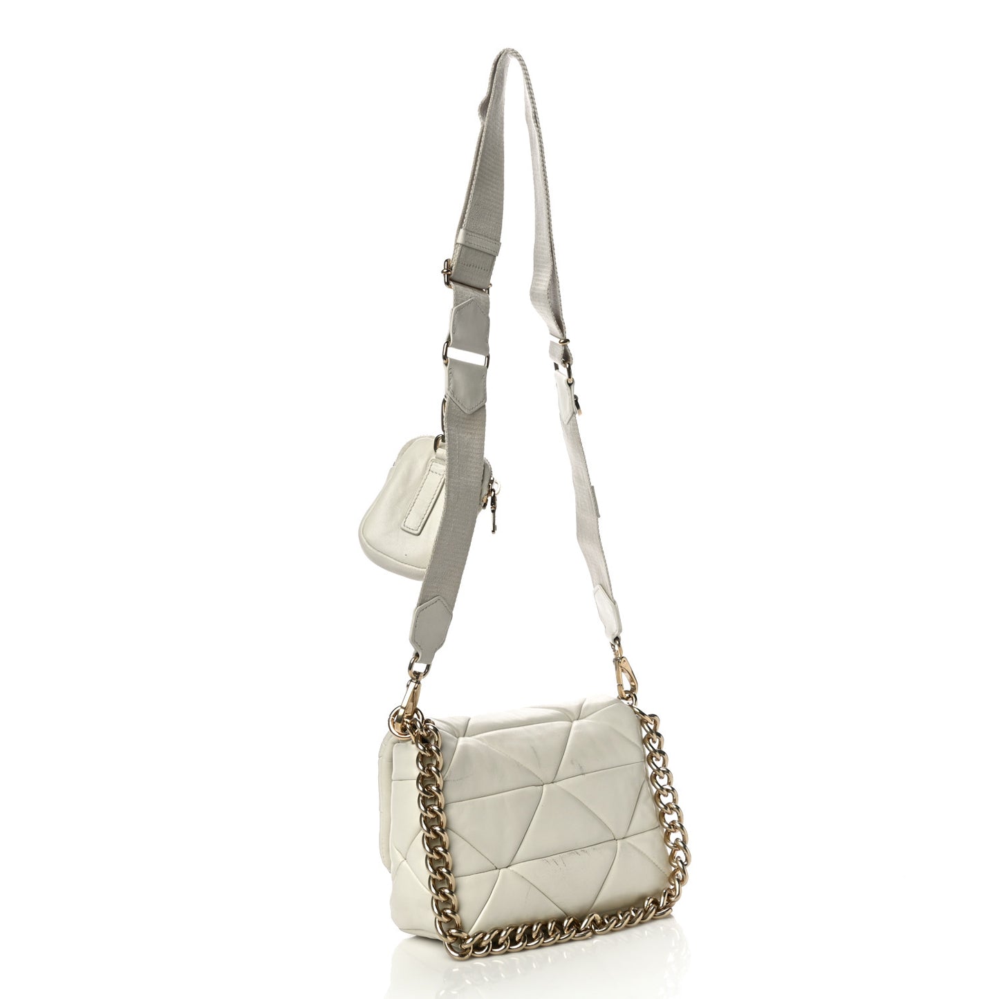 Nappa Re-Nylon Triangle Quilted Patchwork System Flap Shoulder Bag White
