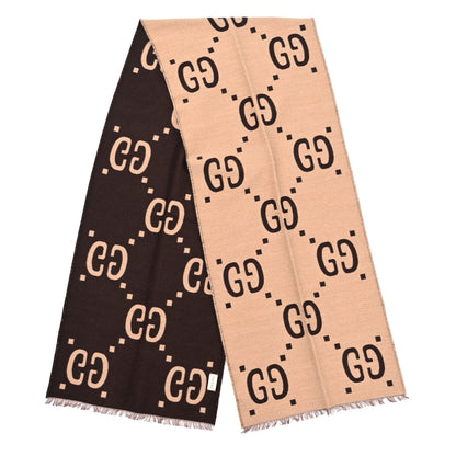 Gucci Wool Silk Monogram Jumbo GG Freedom Scarf Dark Brown Beige 2 of 4