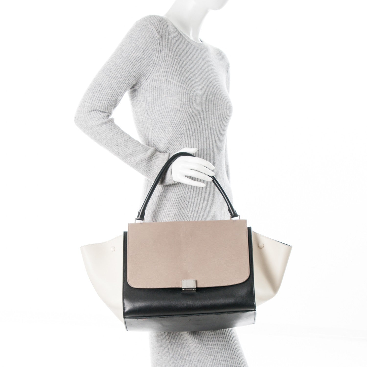Celine Drummed Calfskin Large Tri-Color Trapeze Light Khaki 2 of 9