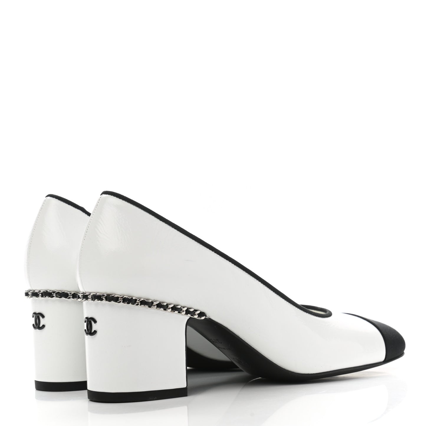 Laminated Lambskin Grosgrain Chain CC Cap Toe Pumps 37.5 White Black