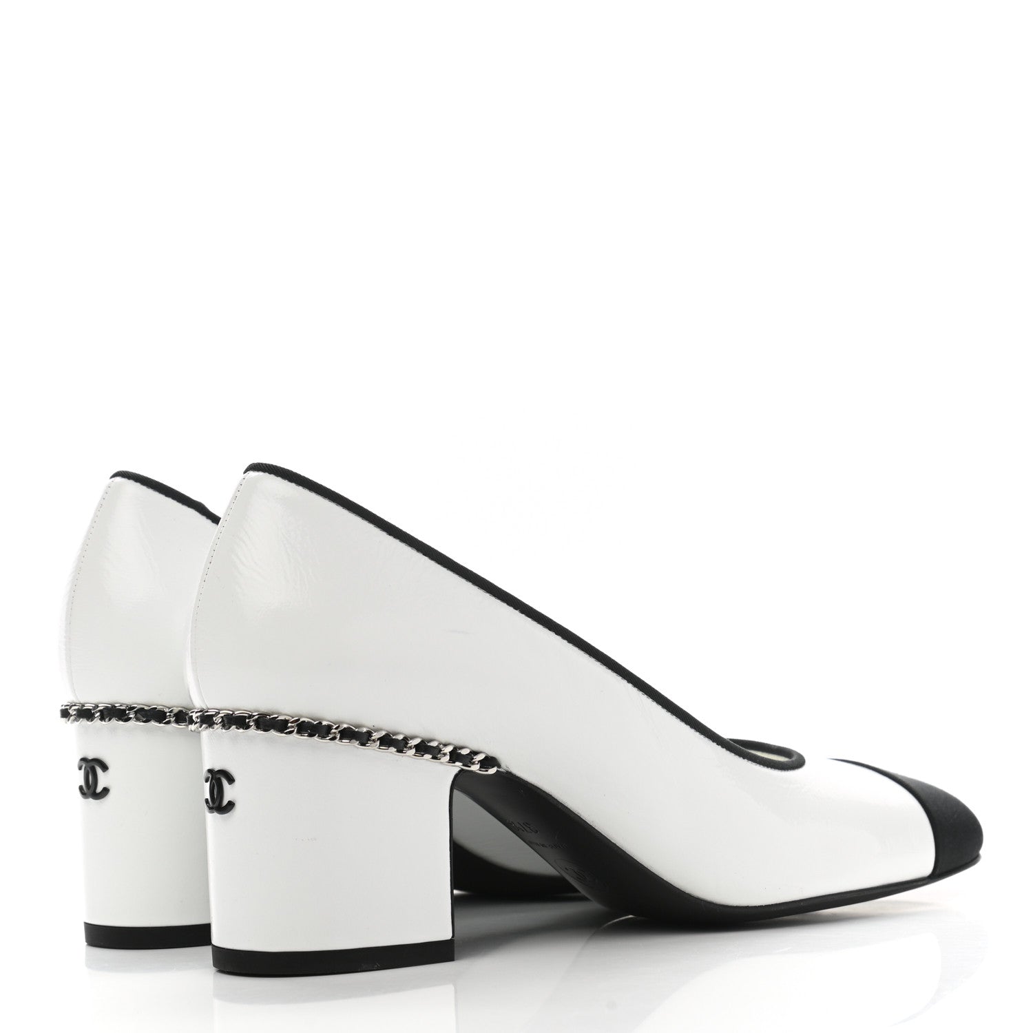 Chanel Laminated Lambskin Grosgrain Chain CC Cap Toe Pumps 37.5 White Black 4 of 10