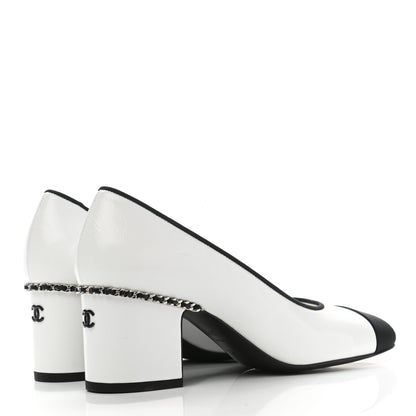 Chanel Laminated Lambskin Grosgrain Chain CC Cap Toe Pumps 37.5 White Black 4 of 10