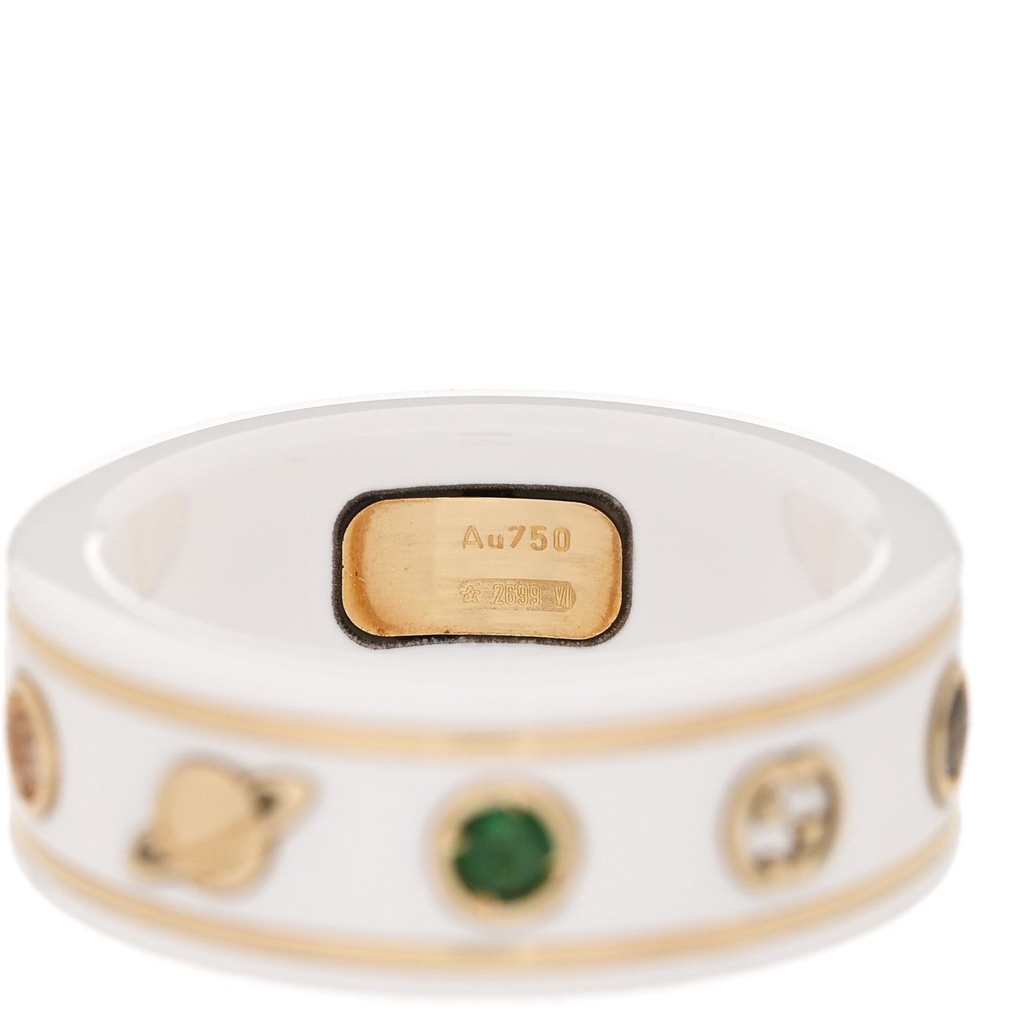 18K Yellow Gold Ceramic Topaz Icon Band Ring 50 5.25 White