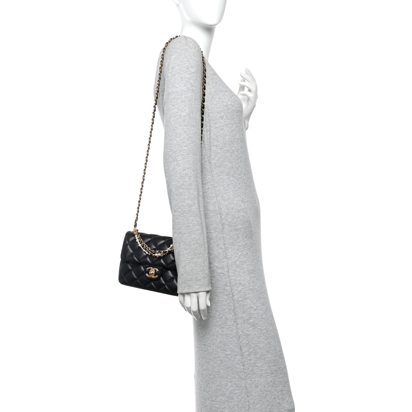 Shiny Lambskin Quilted Pearl Twist Mini Square Flap Black