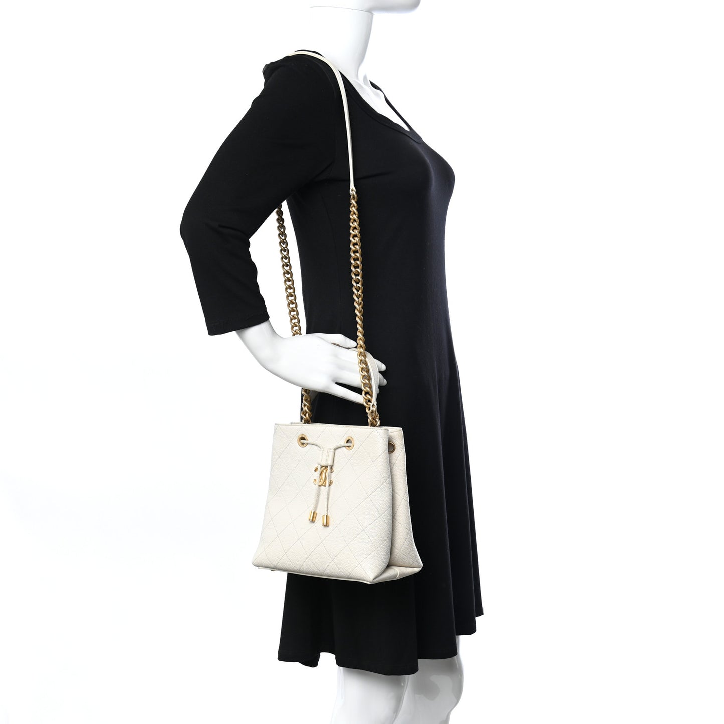 Caviar Diamond Stitched CC Bucket Drawstring Bag White