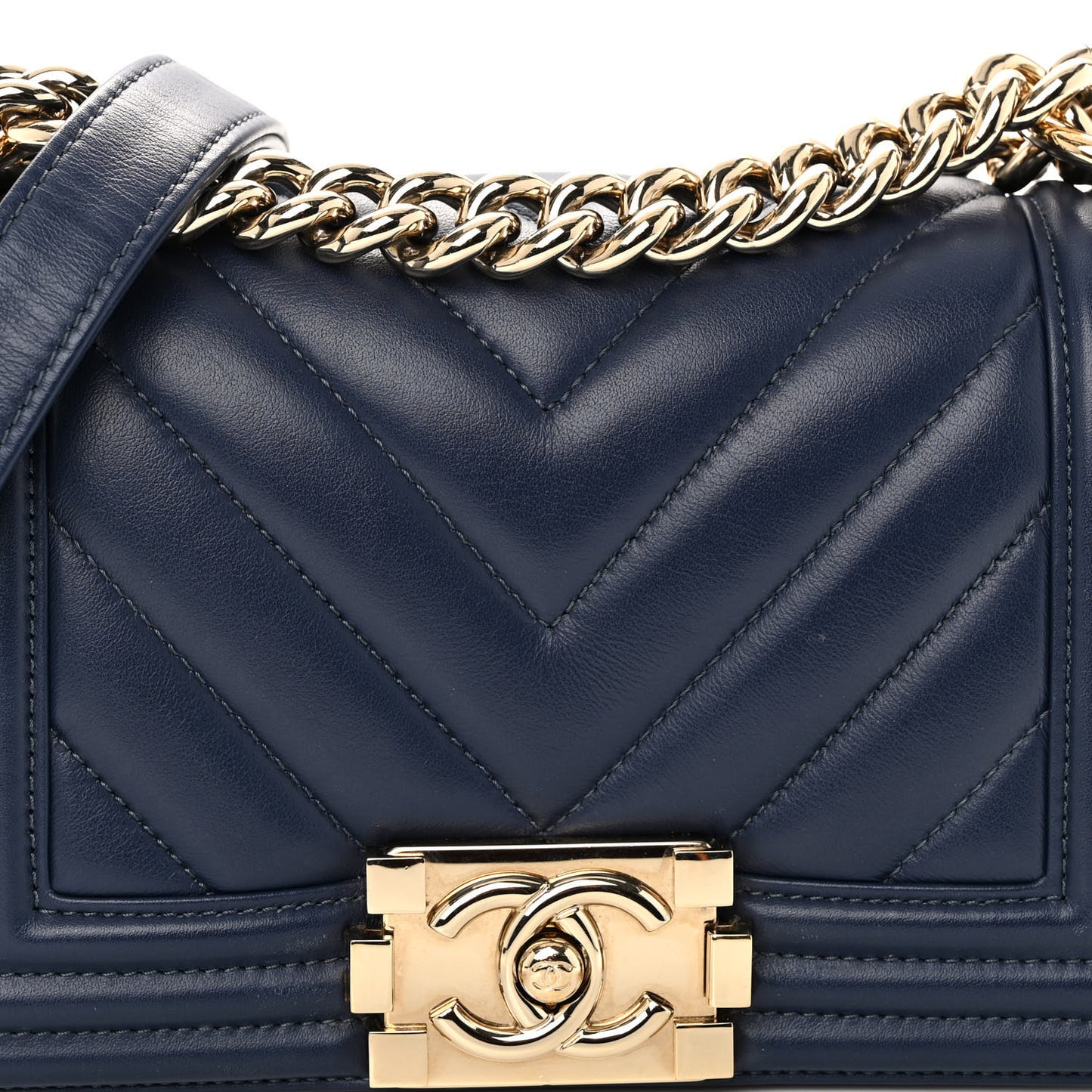 Calfskin Chevron Quilted Small Boy Flap Navy
