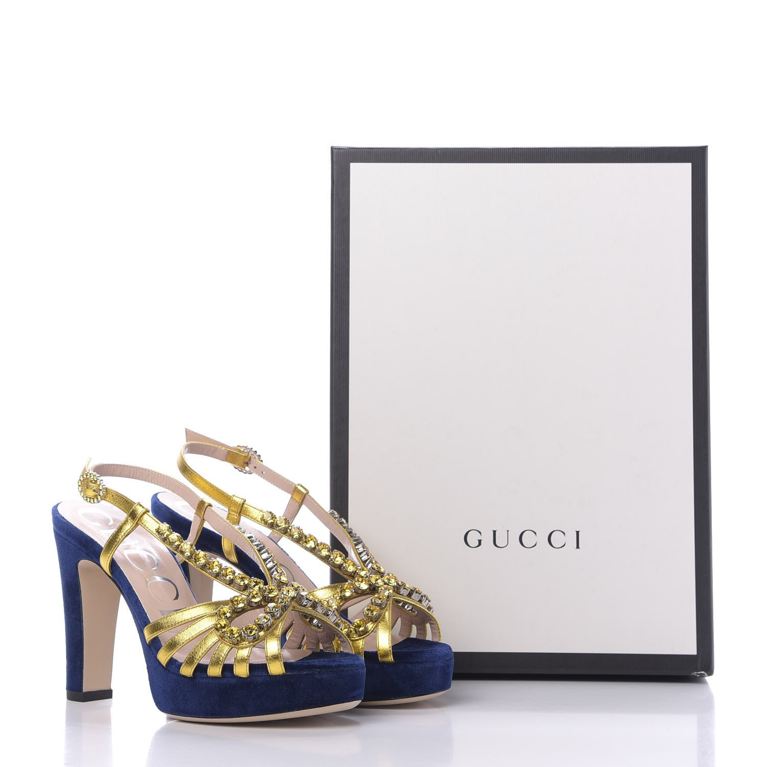 Gucci Velvet Nappa Crystal Zephyra Slingback Platform High Heel Sandals 35.5 Blue Gold 10 of 10