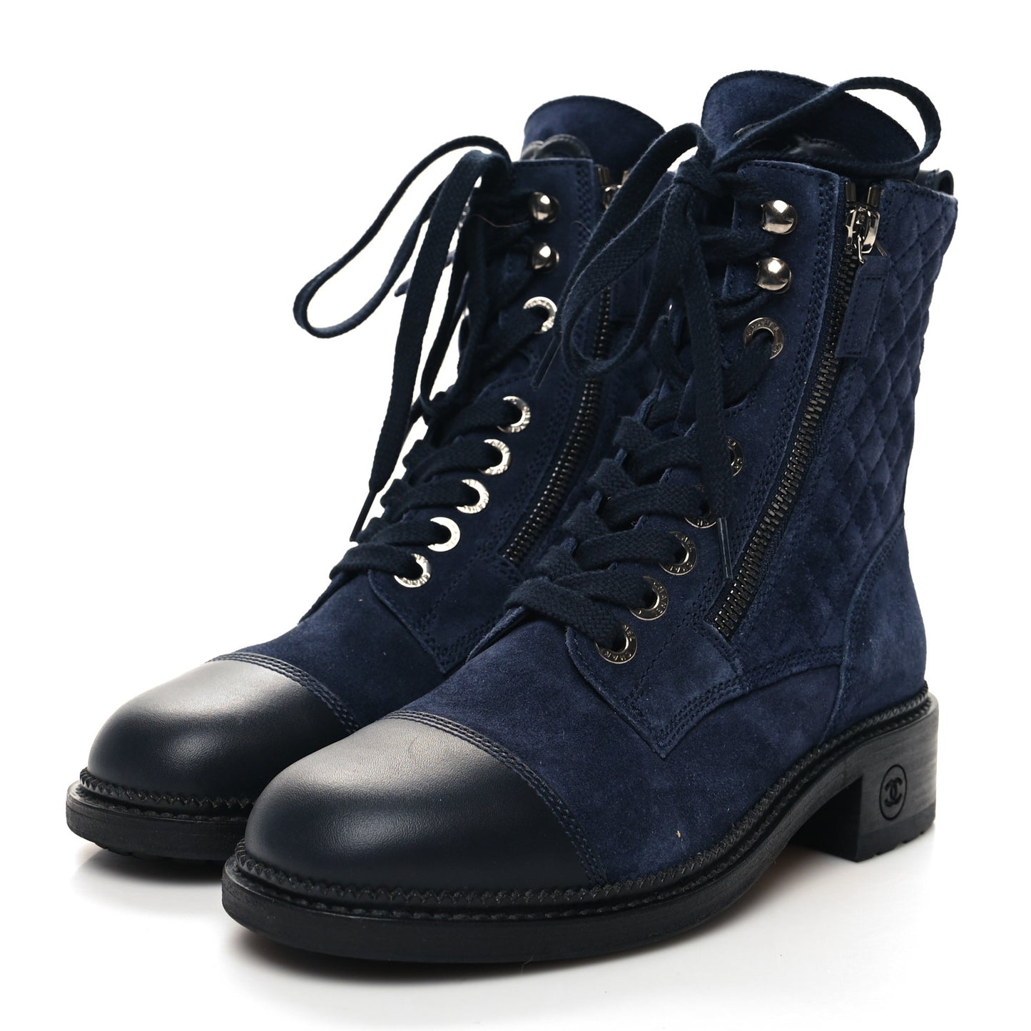 Suede Quilted CC Lace Up Combat Boots 36 Navy Black