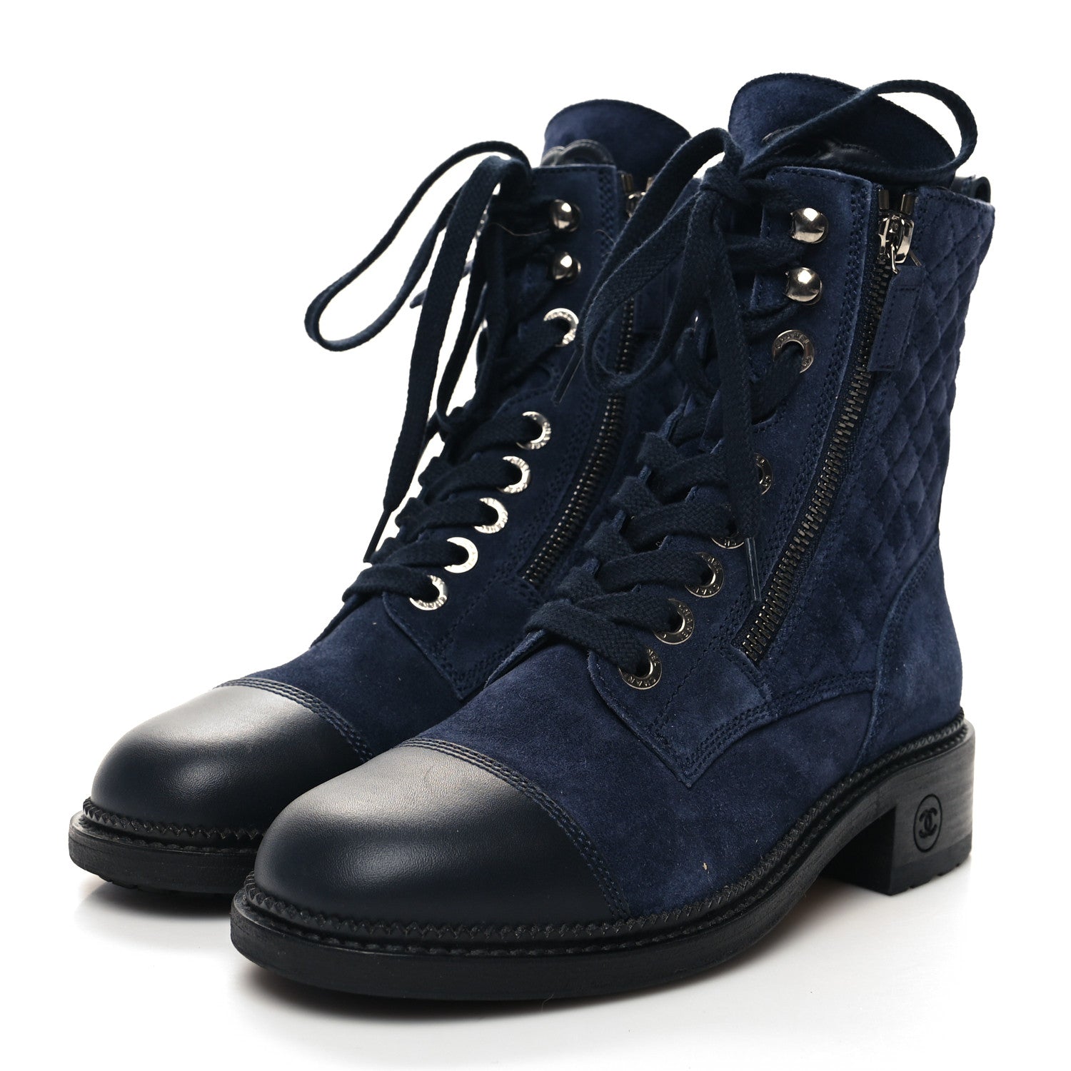 Chanel Suede Quilted CC Lace Up Combat Boots 36 Navy Black 3 of 9