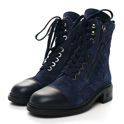 Chanel Suede Quilted CC Lace Up Combat Boots 36 Navy Black 3 of 9