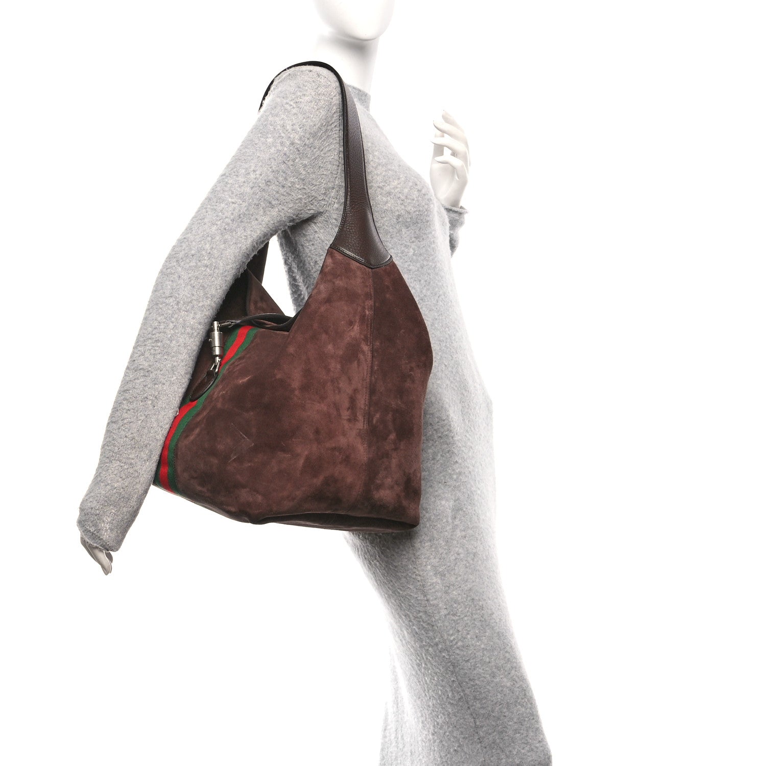Gucci Suede Textured Dollar Calfskin Web Medium Jackie 1961 Crossbody Bag Brown 2 of 11