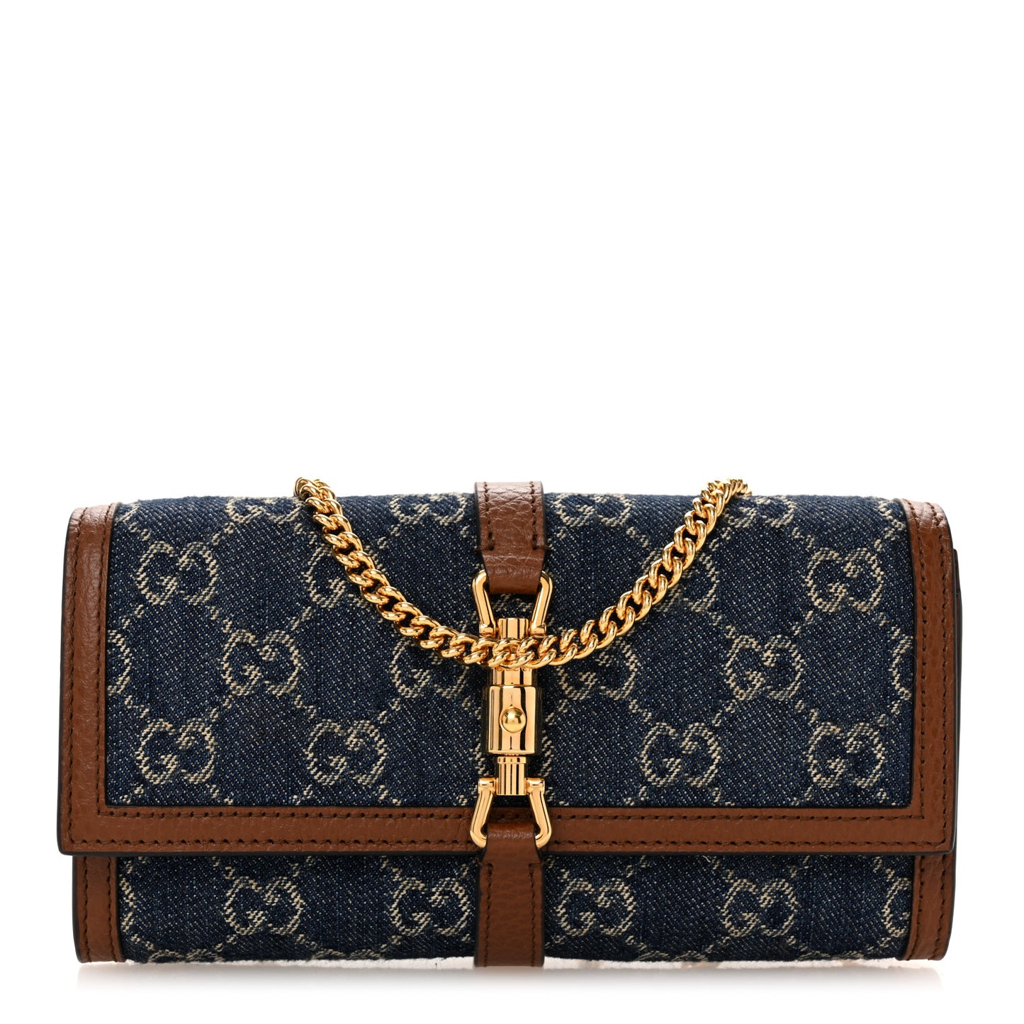 New Denim GG Monogram Jackie 1961 Chain Wallet Blue Tea Cuir