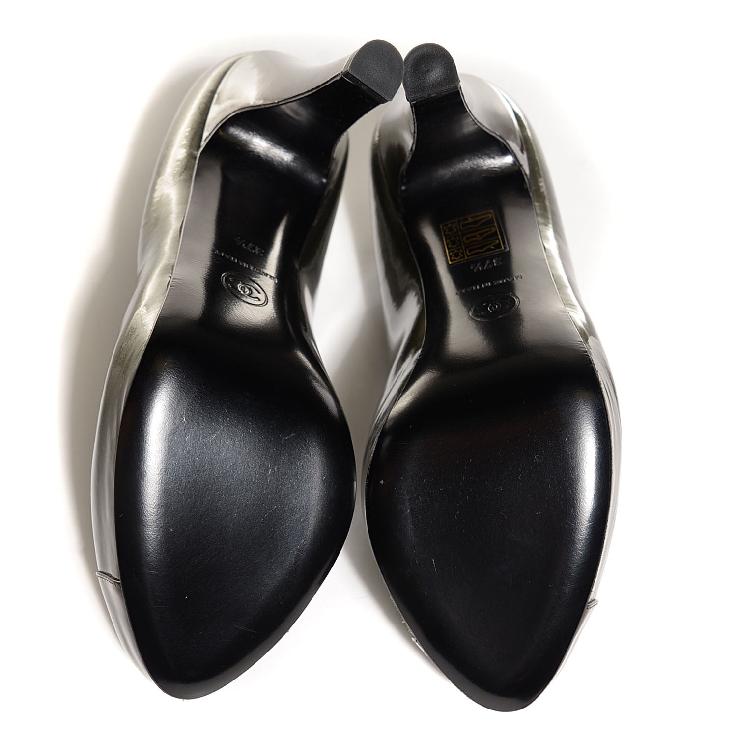 Chanel Patent Calfskin Cap Toe CC Pumps 37.5 Dark Silver 5 of 7