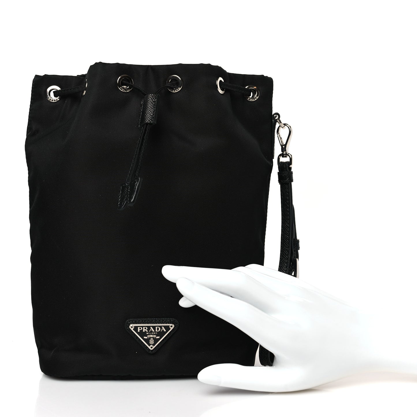 Saffiano Tessuto Nylon Vela Bucket Wristlet Black