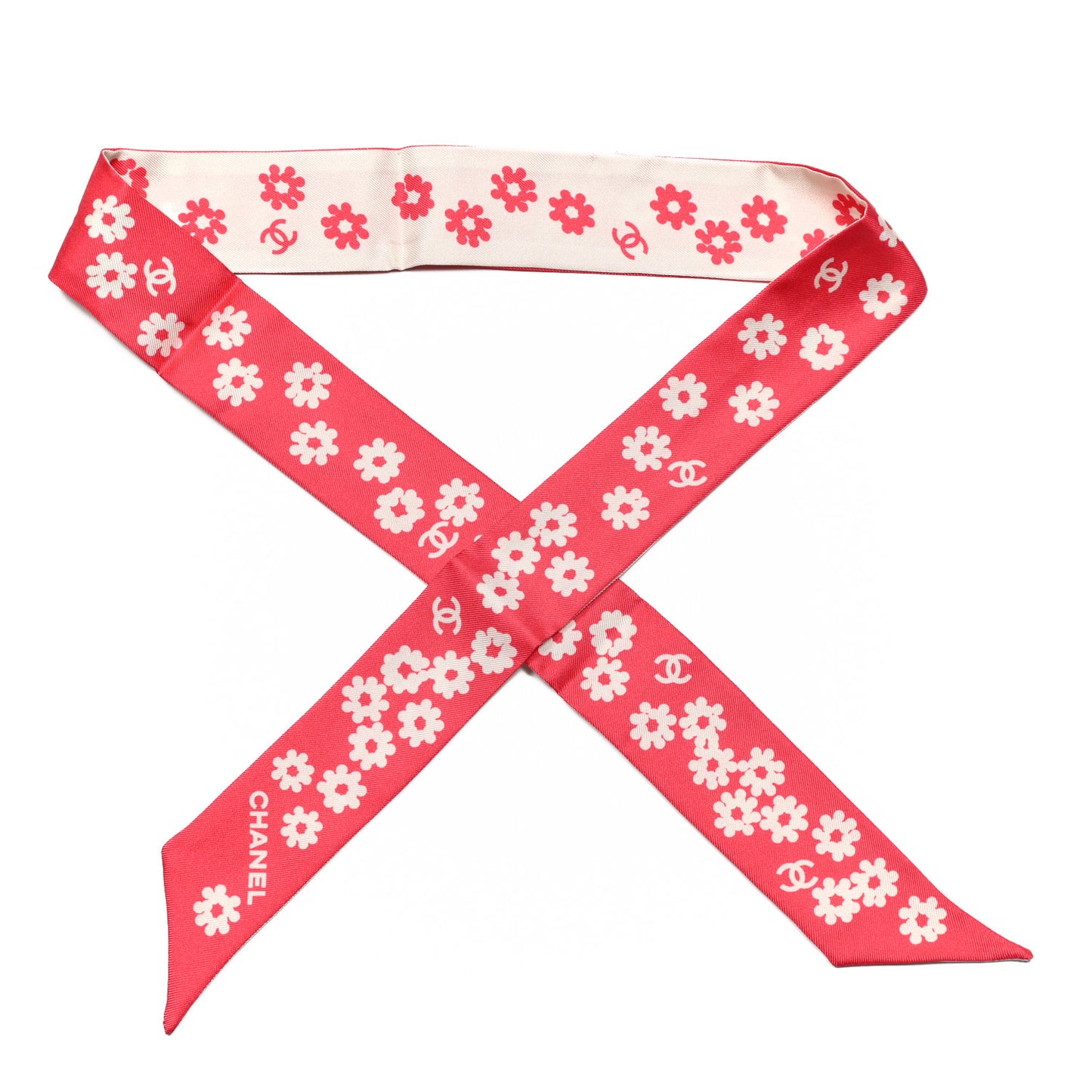 Silk Twill CC Flowers Slim Bandeau Scarf Coral Ecru