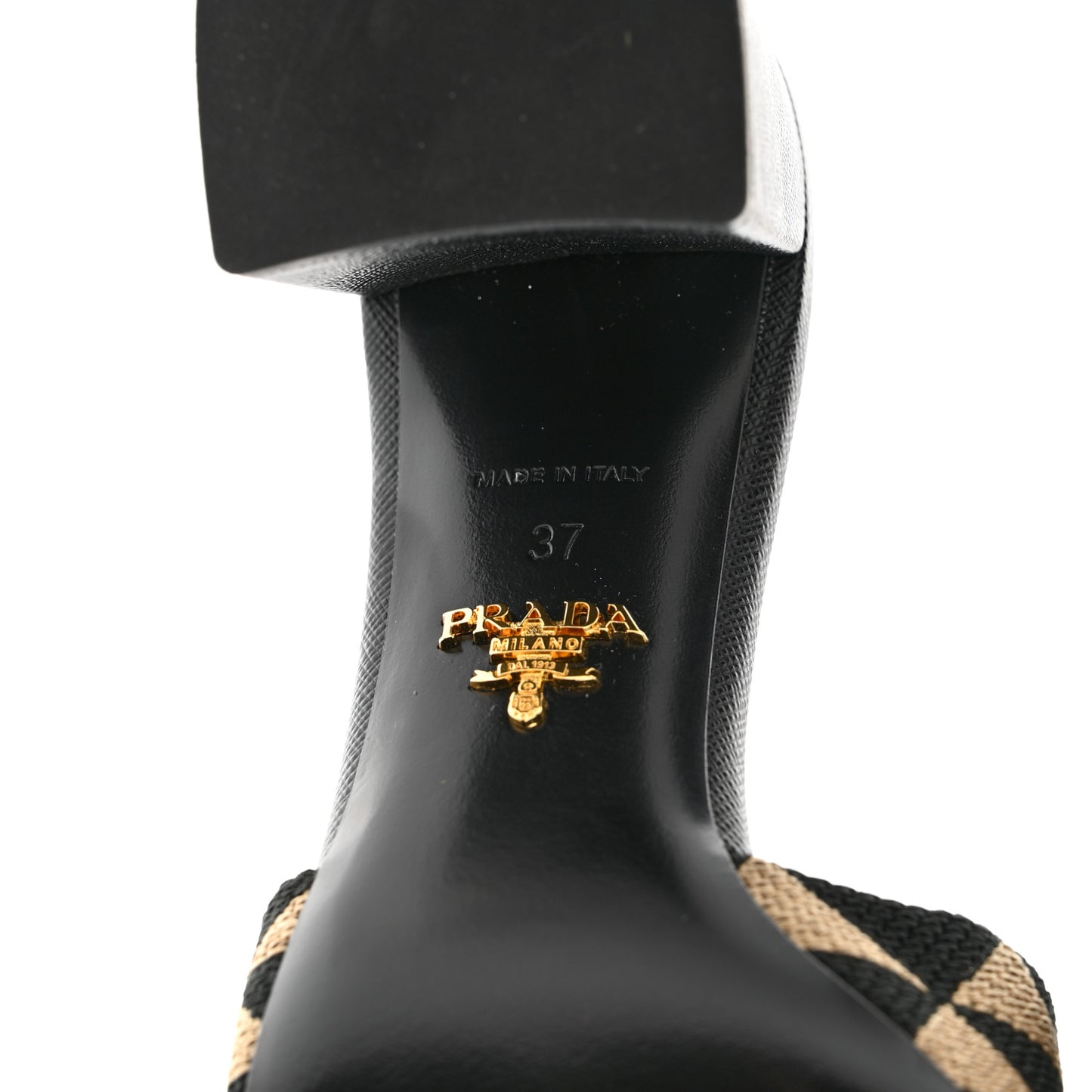Jacquard Trianglolo Symbole Embroidered Metal Triangle Logo 65mm Block Heel Slide Sandals 37 Black Beige