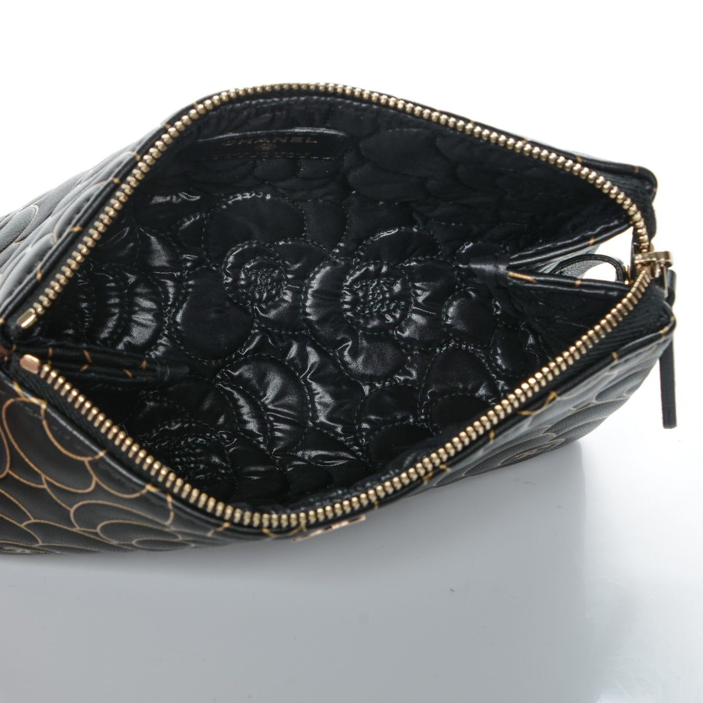 Lambskin Camellia Embossed Cosmetic Pouch Black Gold