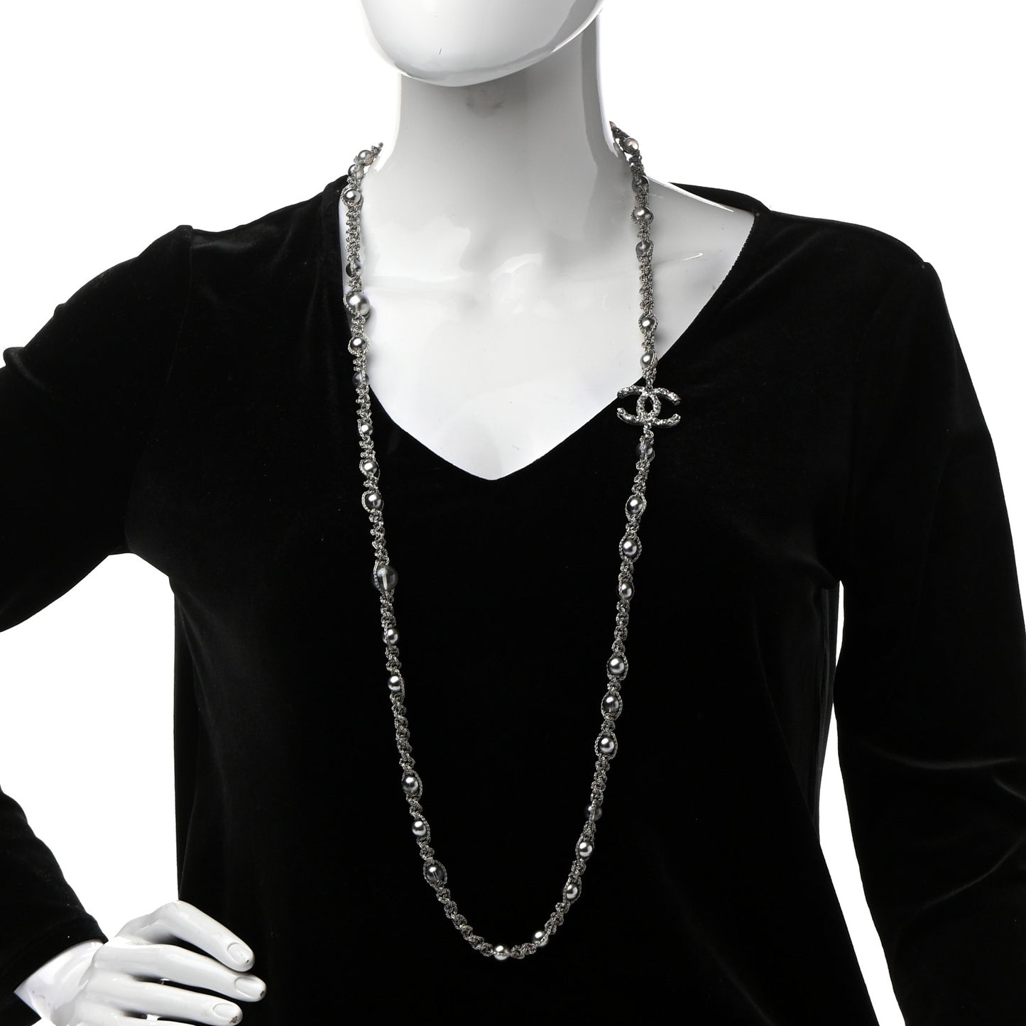 Crystal Pearl Bead CC Long Necklace Silver Grey