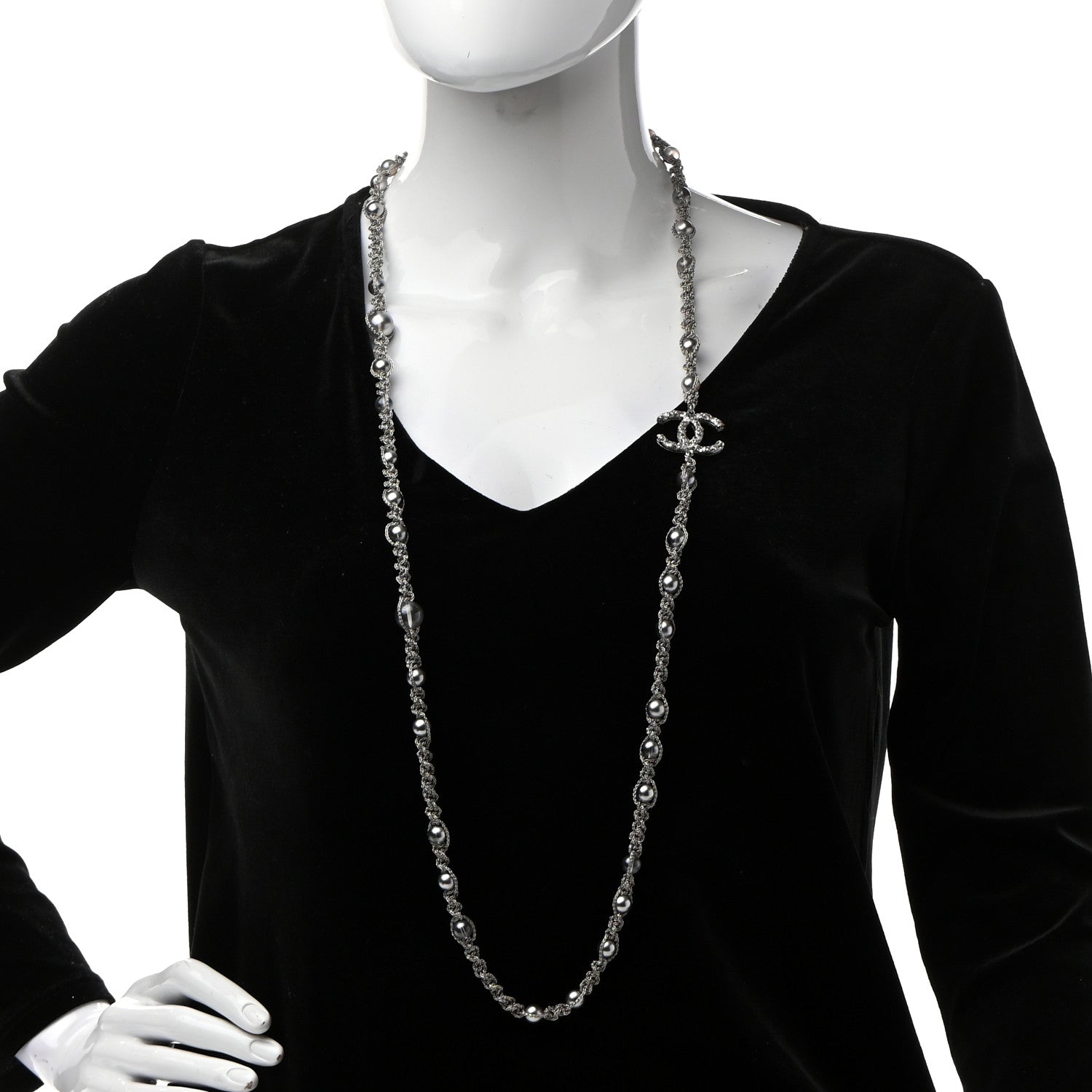 Chanel Crystal Pearl Bead CC Long Necklace Silver Grey 2 of 7