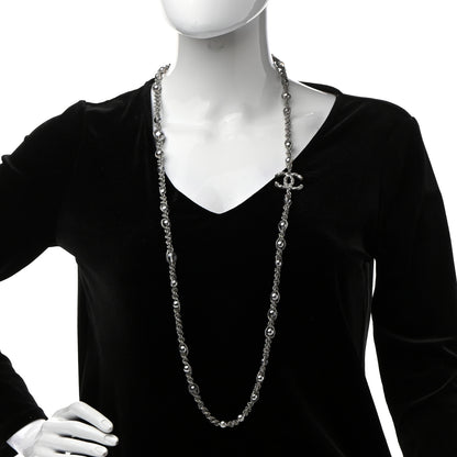 Chanel Crystal Pearl Bead CC Long Necklace Silver Grey 2 of 7