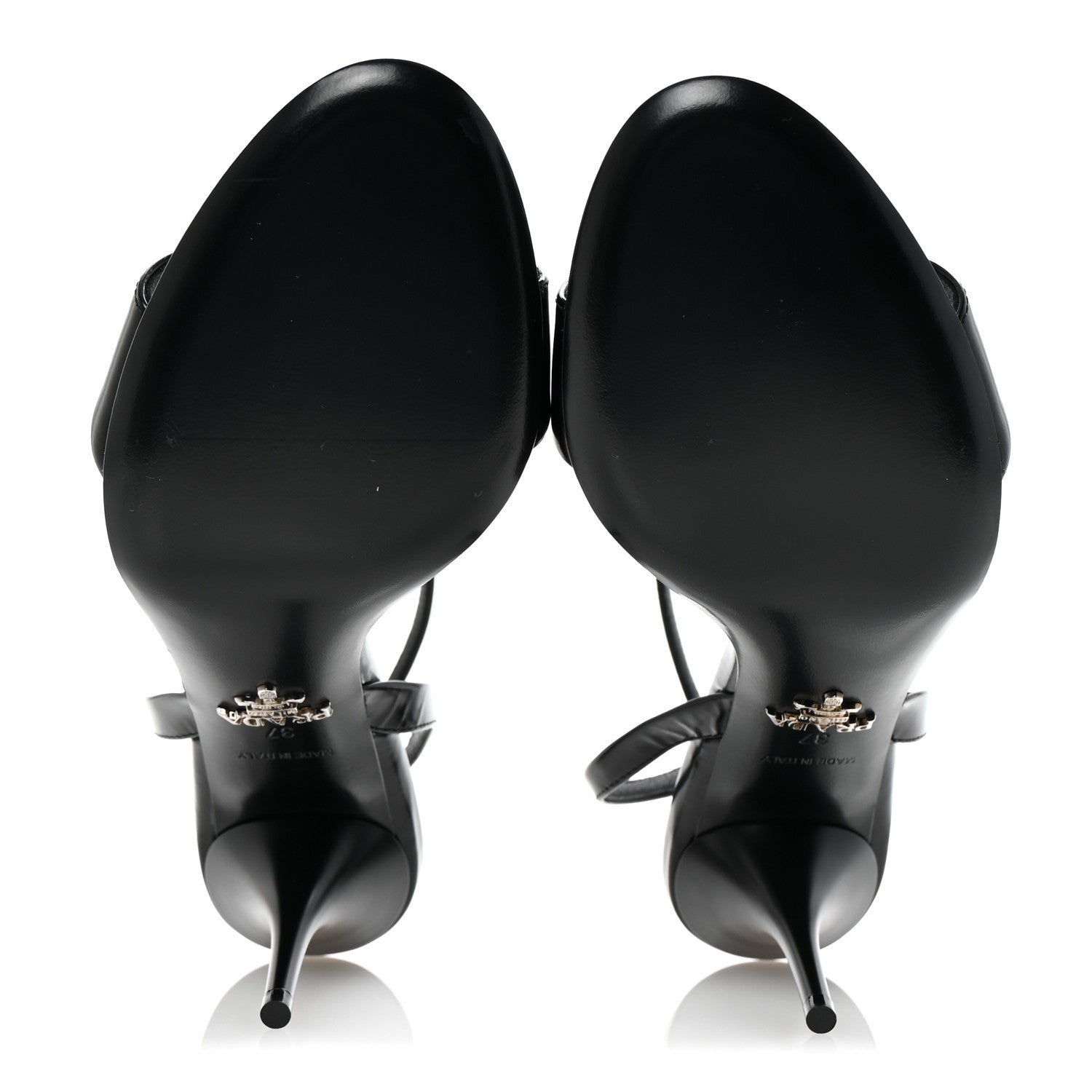 Prada Spazzolato Metal Triangle Logo Ankle Strap 100mm Sandals 37 Black 6 of 9
