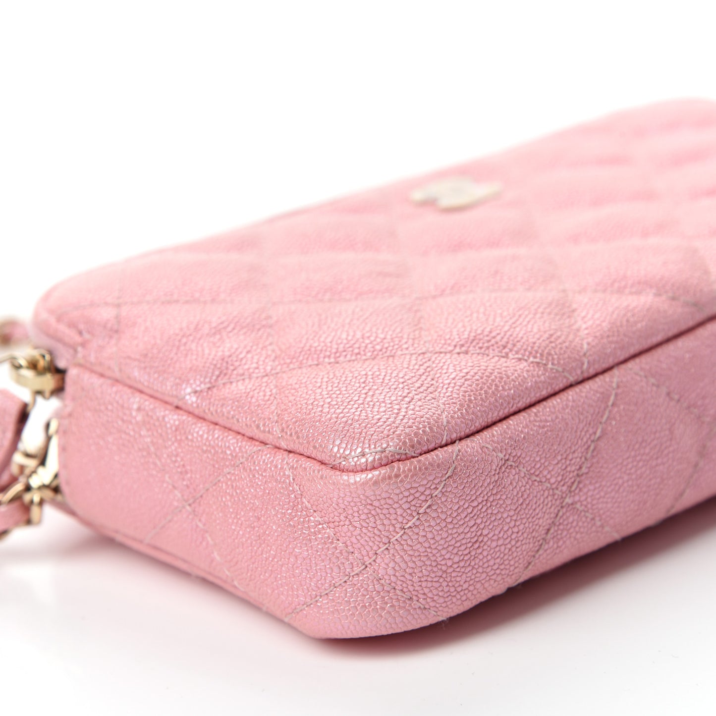 Iridescent Caviar Quilted Small Clutch With Chain Pink