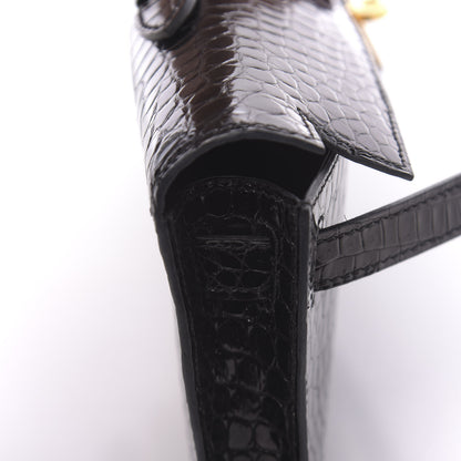 Hermes Shiny Porosus Crocodile Kelly Cut Pochette Black 20 of 31