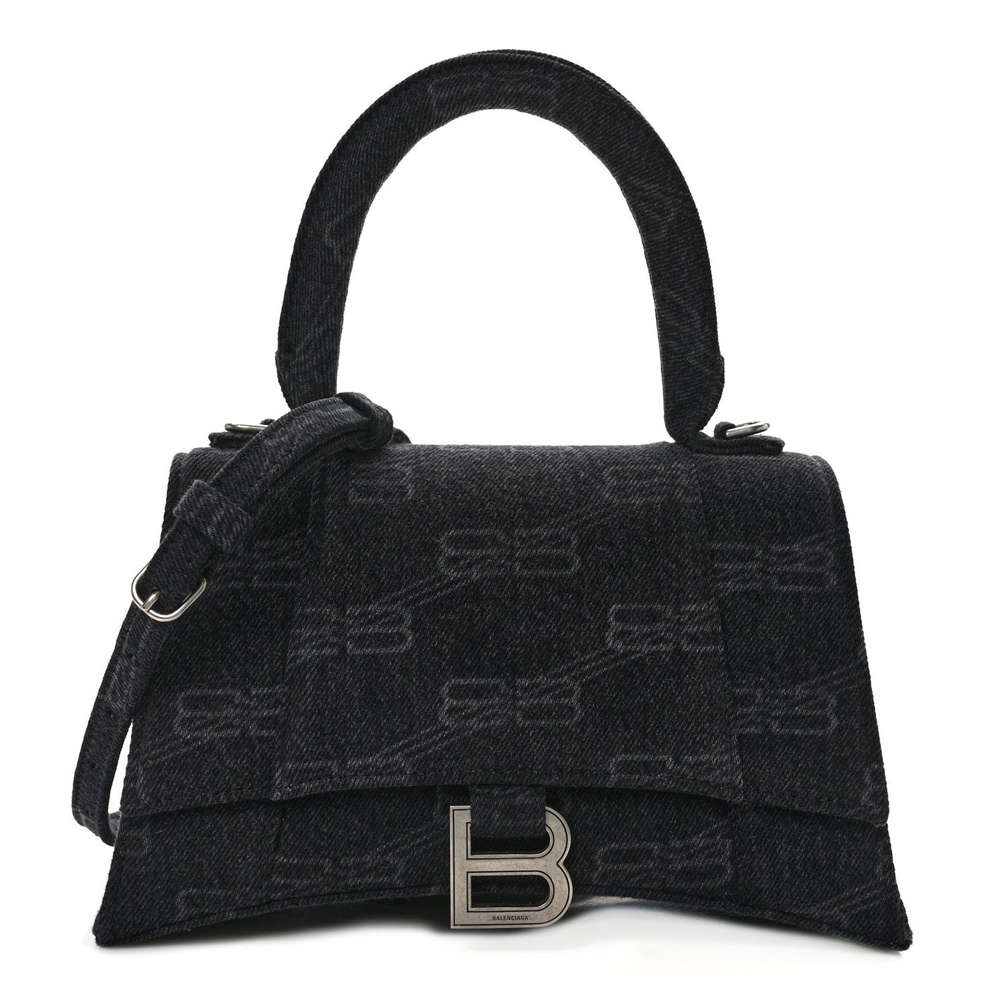 Washed Denim BB Monogram Small Hourglass Top Handle Bag Black