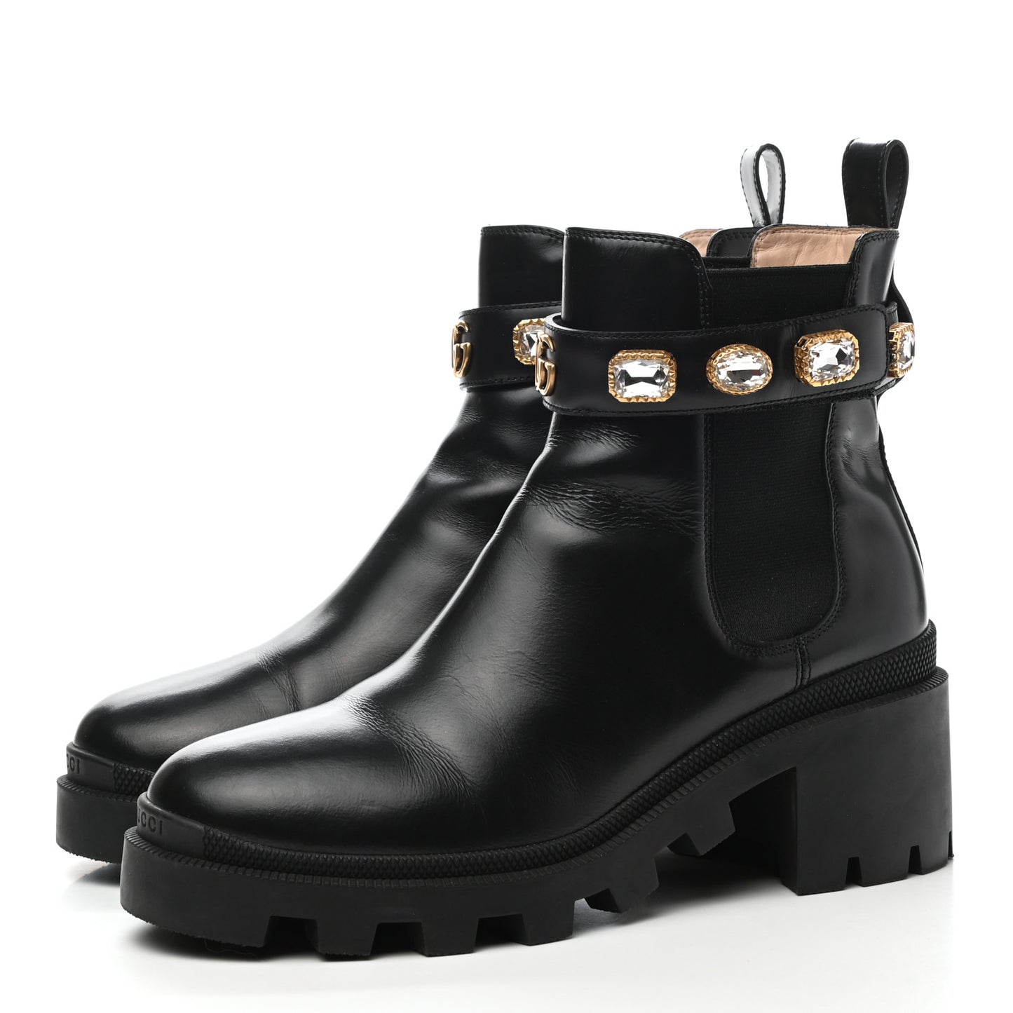 Calfskin Crystal GG Trip Chelsea Ankle Boots 39.5 Black