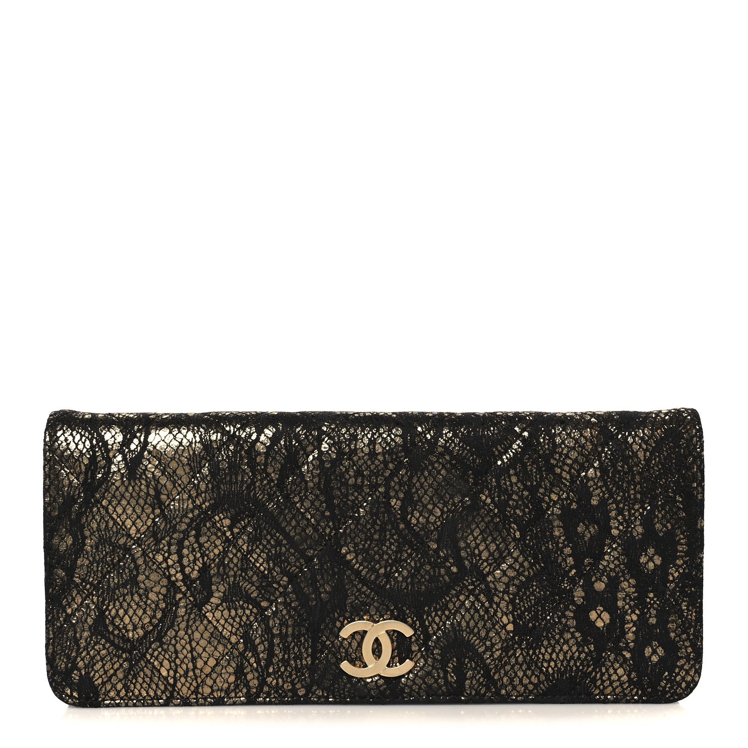 Chanel Metallic Fabric Lace Effect Quilted Clutch Black Gold 1 of 9