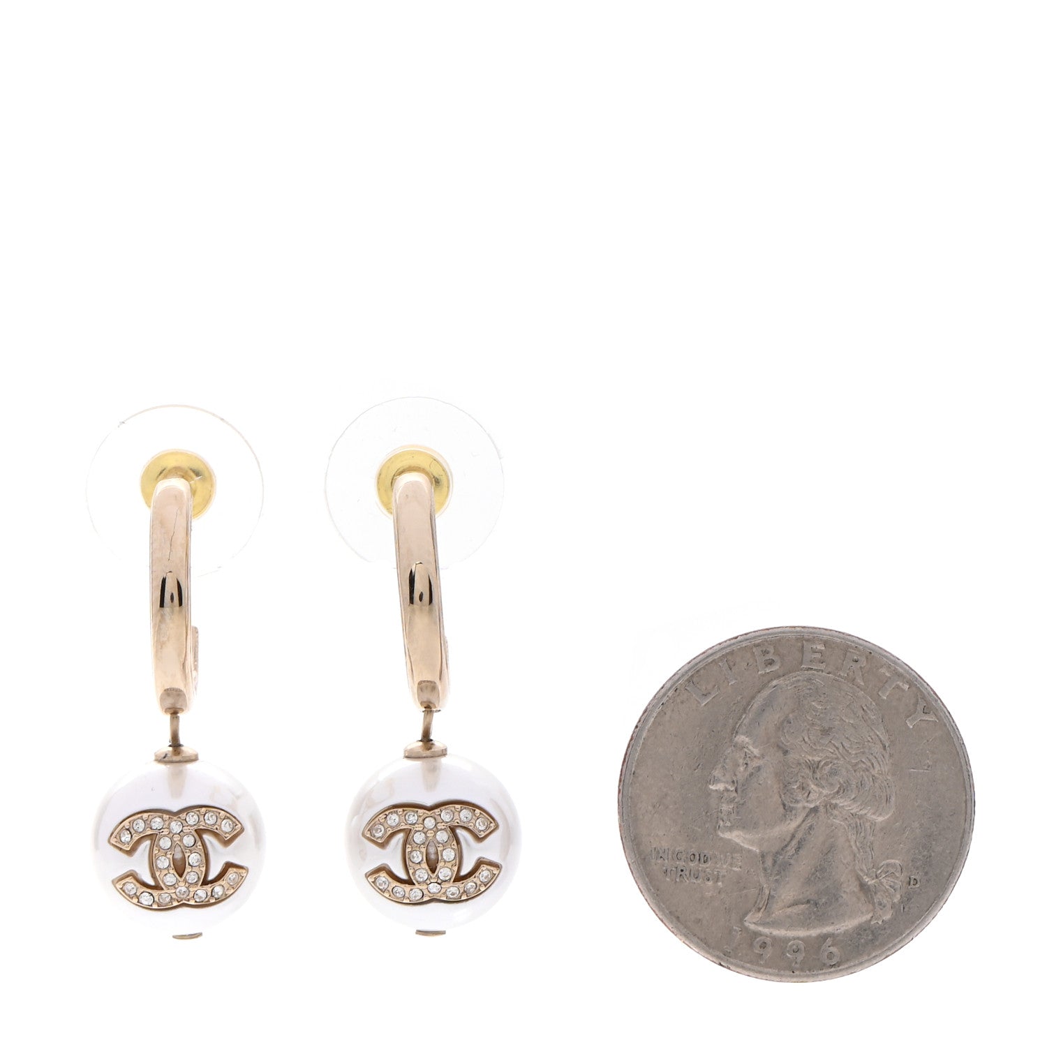 Chanel Pearl Crystal CC Drop Earrings Gold Pearly White 2 of 6