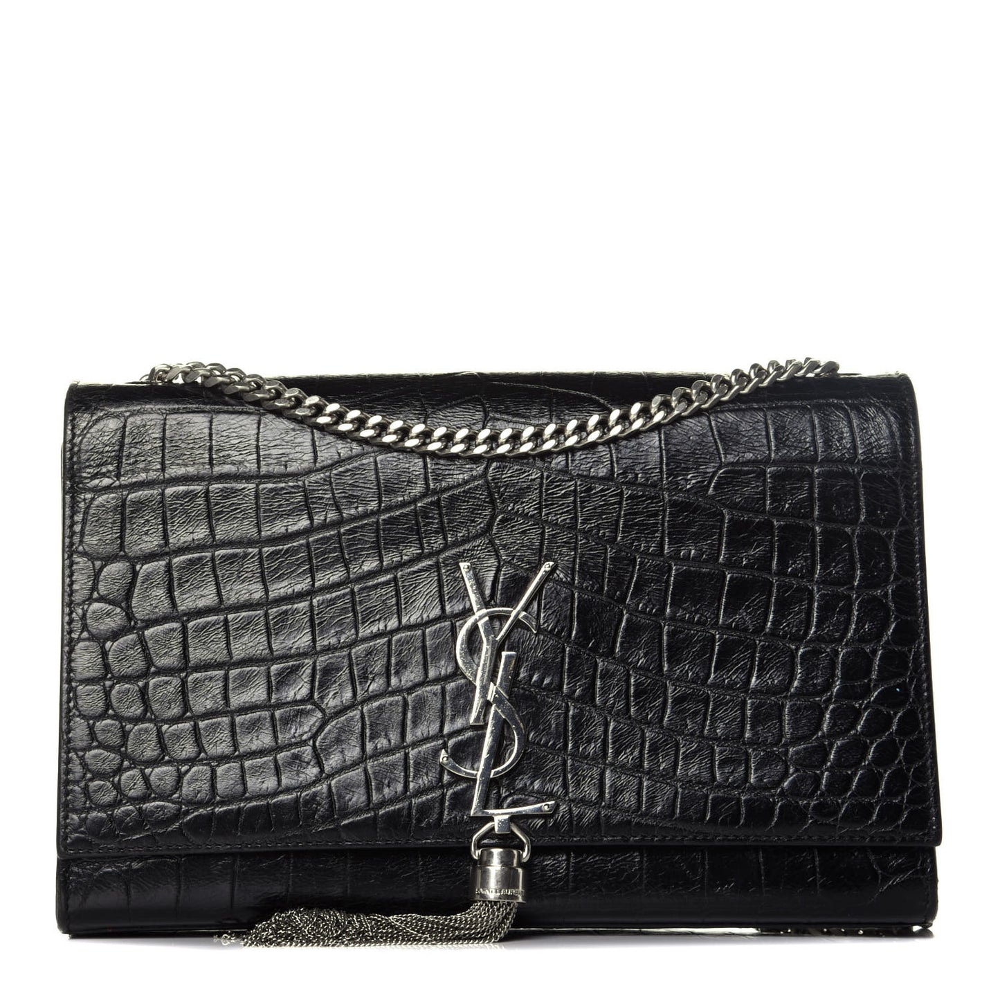 Calfskin Crocodile Embossed Medium Classic Monogram Kate Tassel Satchel Black
