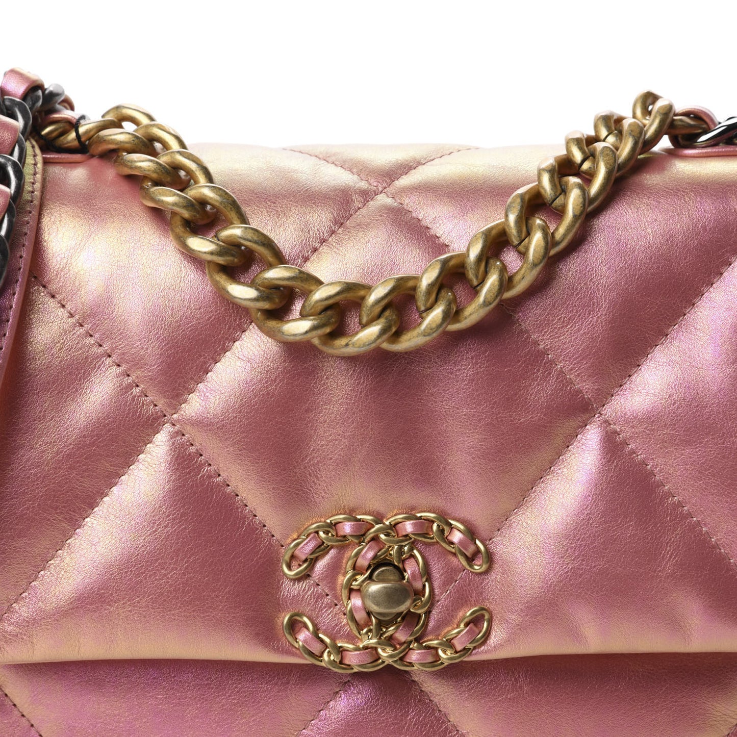 Iridescent Calfskin Quilted Medium 19 Flap Pink