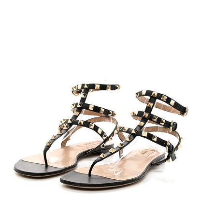 Valentino Garavani VALENTINO GARAVANI Nappa Rockstud Ankle Strap Flat Thong Sandals 39 Black 3 of 7